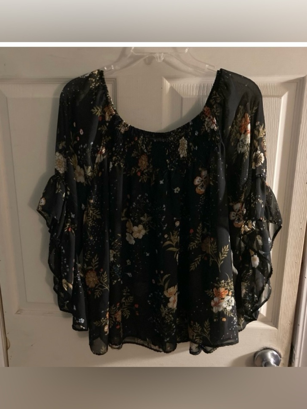 Black Floral Chiffon Off-Shoulder Blouse with Tiered Sleeves Women’s Size S